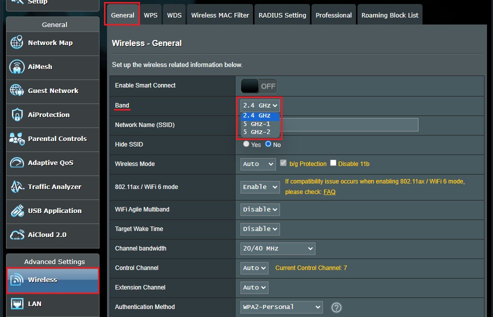 ASUS Wireless General tab with the band drop-down list open