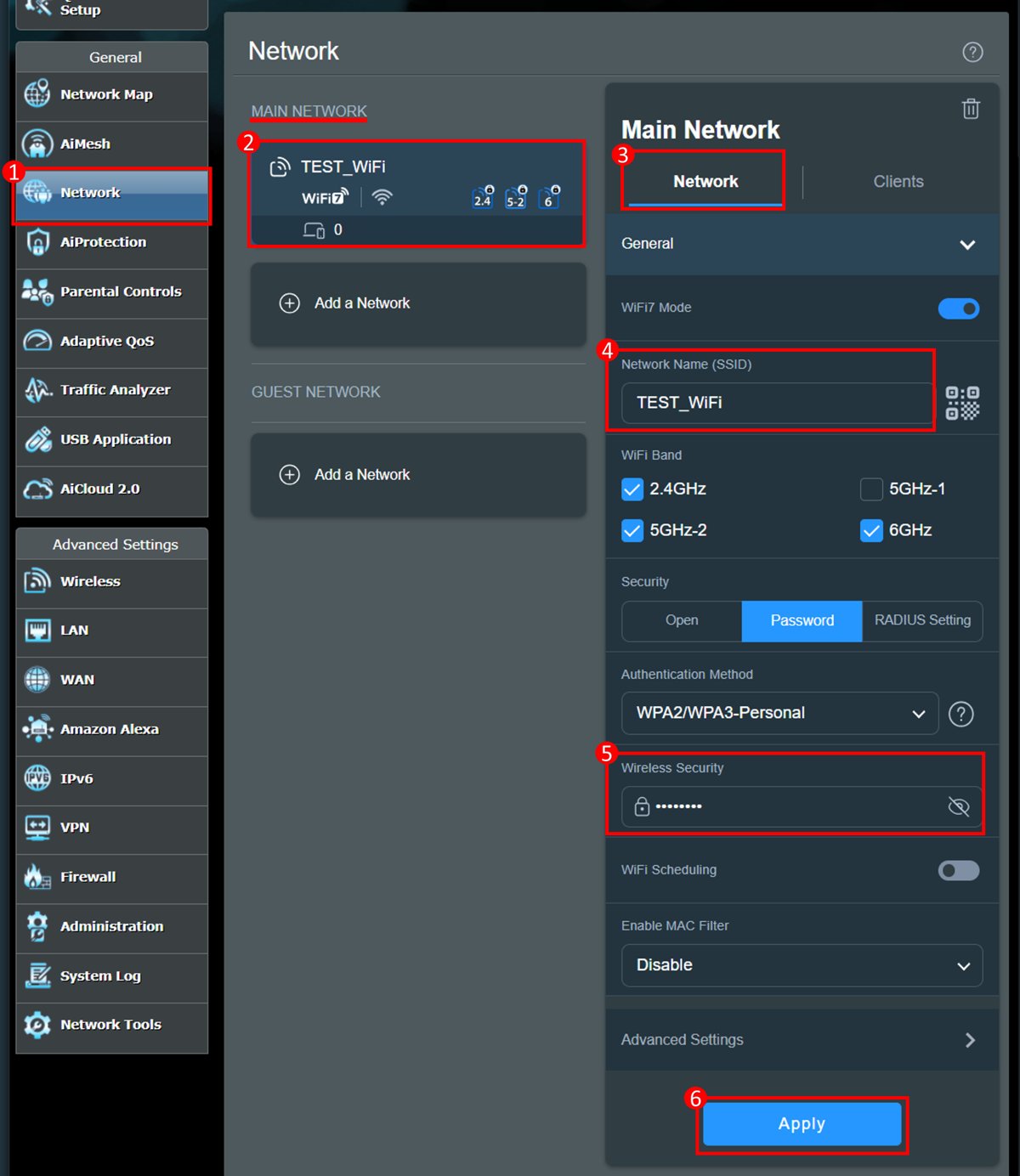 ASUS router Network page with Network Name and Wireless Security fields highlighted