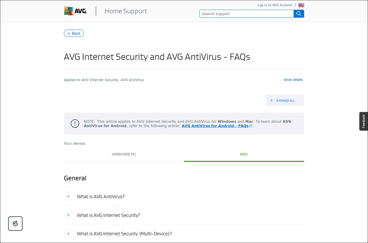 AVG AntiVirus FAQ page comparing the free app with the paid tier