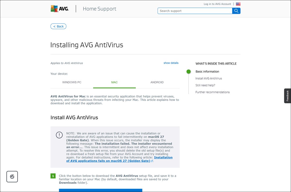 AVG AntiVirus support page showing the Mac download button and install steps