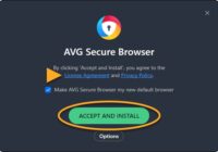 AVG Secure Browser setup window with the Accept and Install button