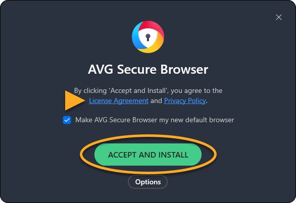 AVG Secure Browser setup window with the Accept and Install button