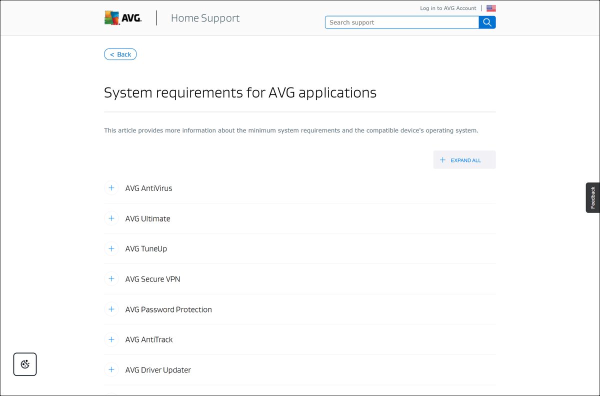 AVG system requirements page listing supported macOS versions and Mac hardware