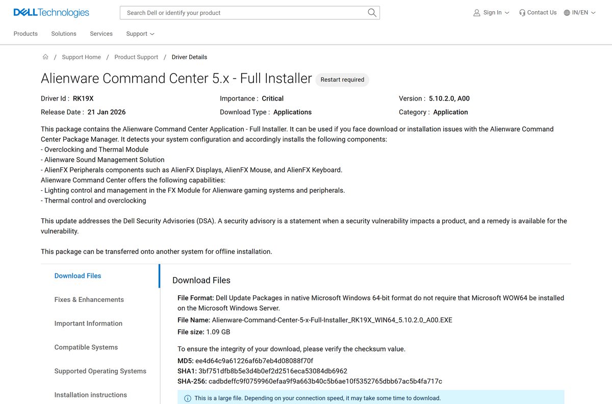 Dell driver page for the AWCC 5.x full installer for older models
