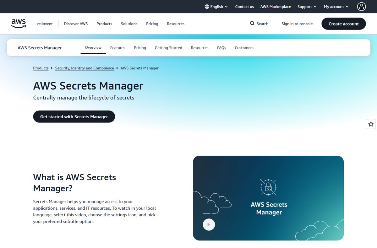AWS Secrets Manager product page with the Get started button