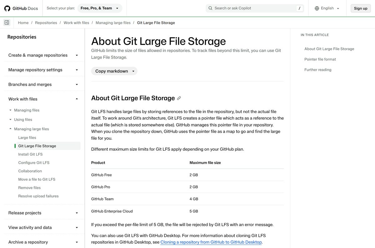 GitHub Docs page on Git LFS file size limits per plan