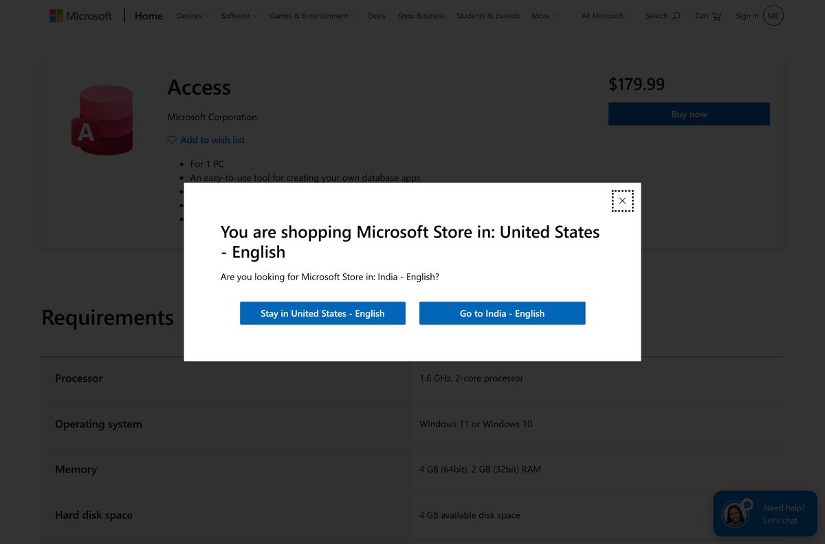 Microsoft Store listing for Access with price and requirements