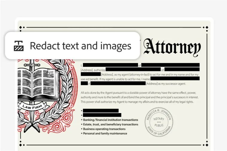 Acrobat Redact text and images tool blacking out details in a legal document