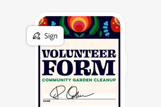 Acrobat Sign tool with a handwritten signature added to a volunteer form