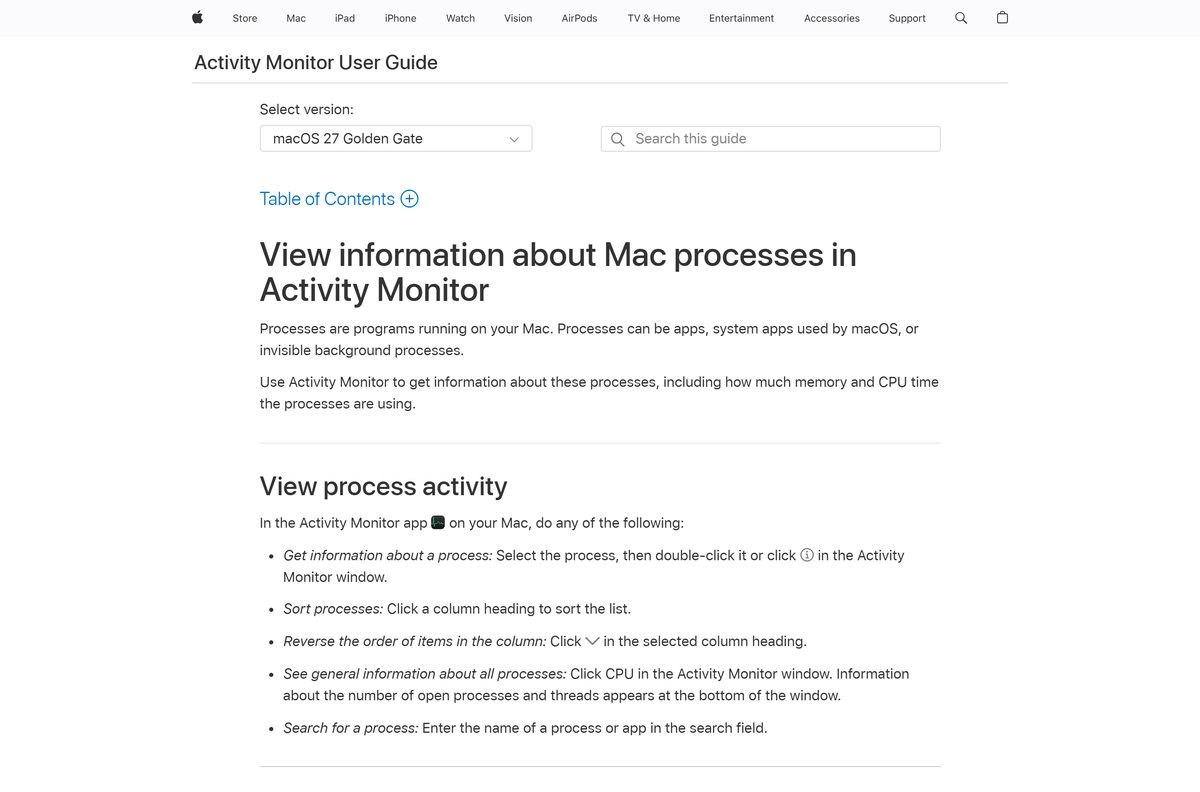 Apple guide to viewing process information in Activity Monitor