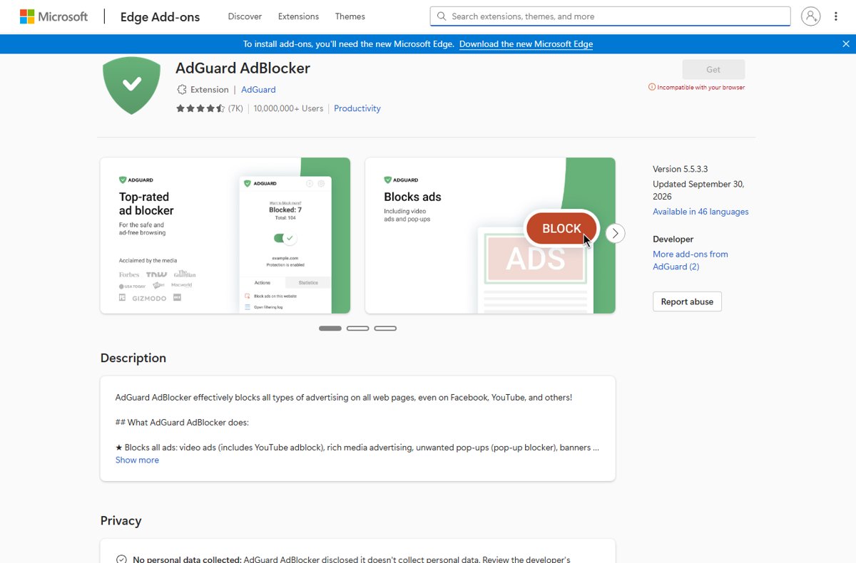 AdGuard AdBlocker listing in the Microsoft Edge Add-ons store