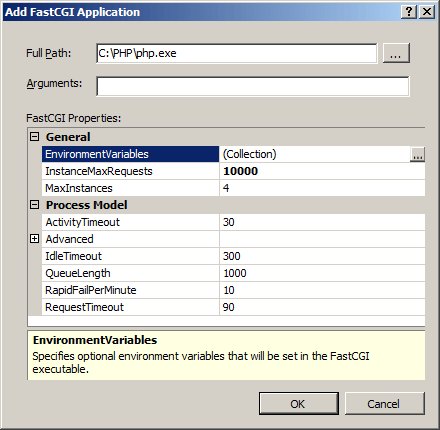 Add FastCGI Application dialog with Full Path and InstanceMaxRequests set
