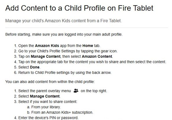 Add apps to a child profile on Amazon Fire tablet through Manage Content