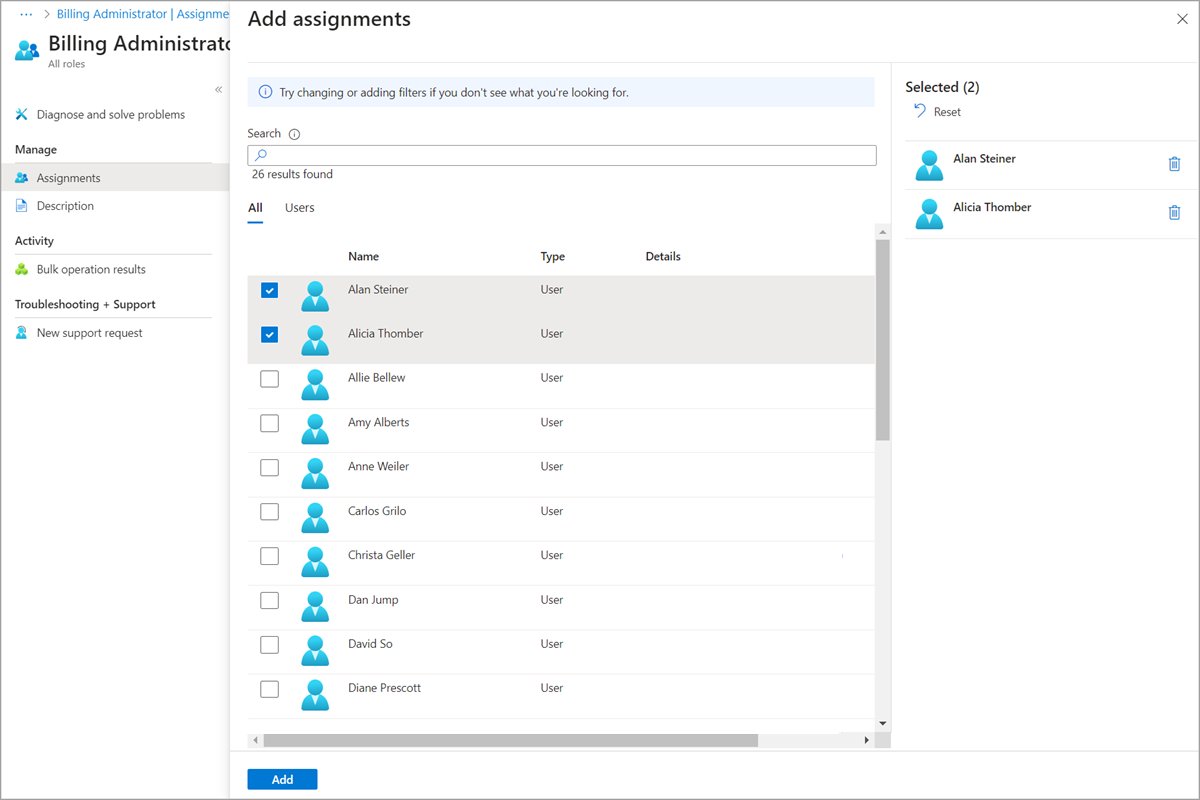 Add assignments pane for a Microsoft Entra role with two users selected