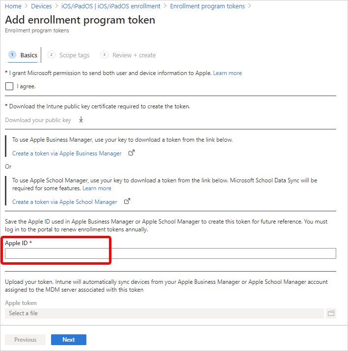 Add enrollment program token pane with the Apple ID field highlighted