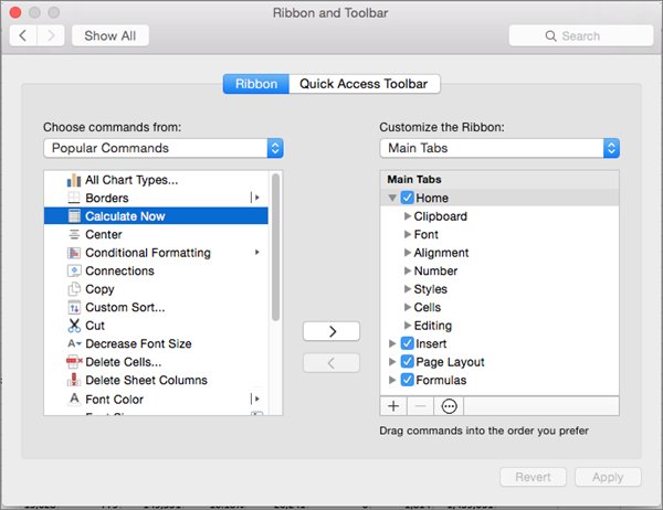 Add shortcuts to the Excel ribbon with the Customize the Ribbon list on Mac