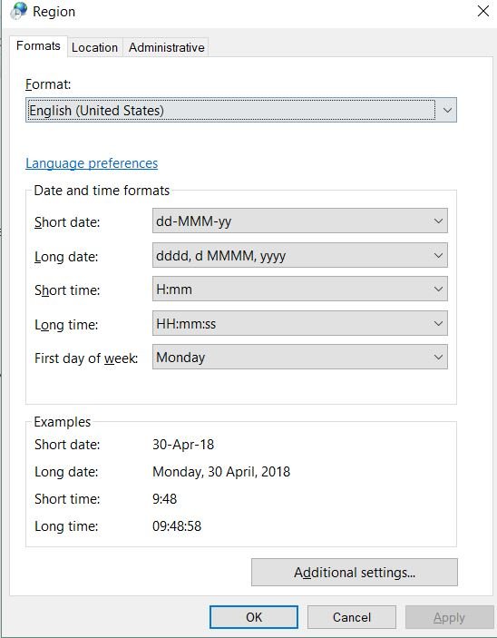 Additional date, time and regional settings in the Windows 10 Region dialog