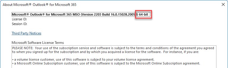 Adobe Reader PDF preview bitness check in About Outlook showing 64-bit