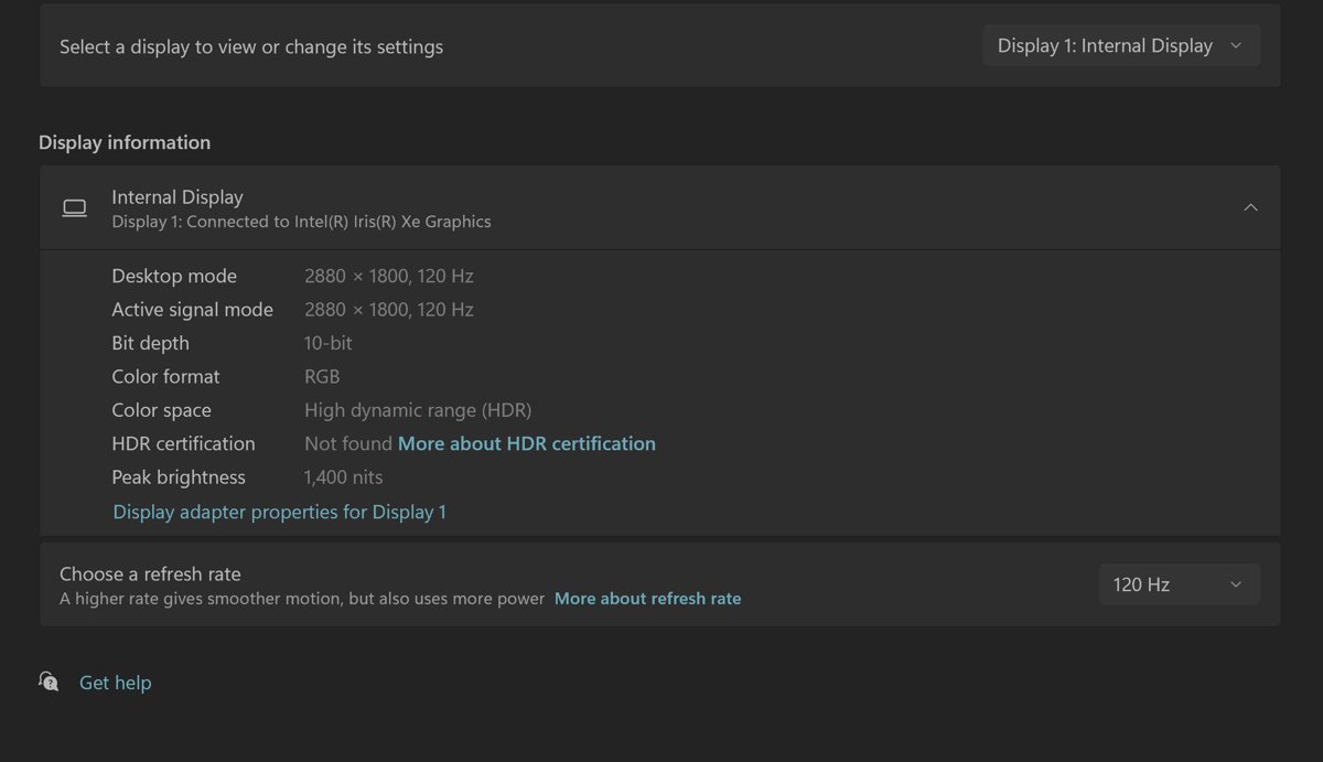 Advanced display information listing HDR certification as Not found