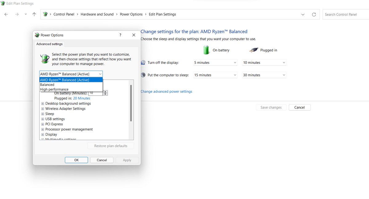 Advanced power settings dialog with the plan drop-down open beside Edit Plan Settings