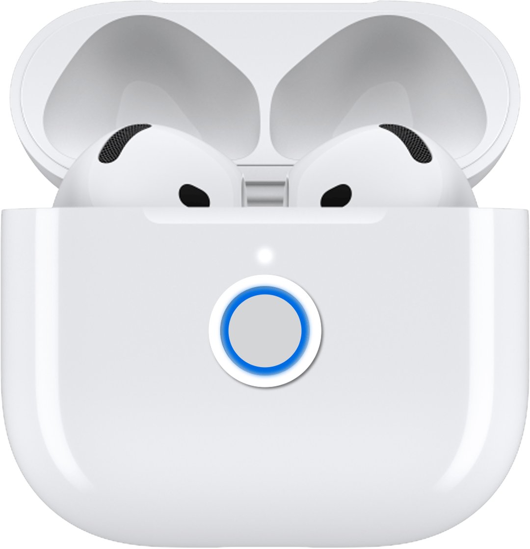 AirPods 4 charging case with lid open and front of case highlighted