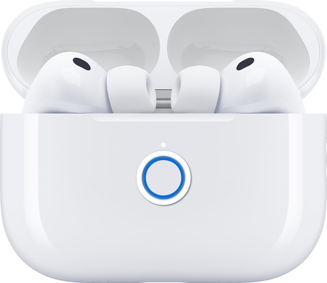 AirPods Pro 3 in open charging case with front of case highlighted