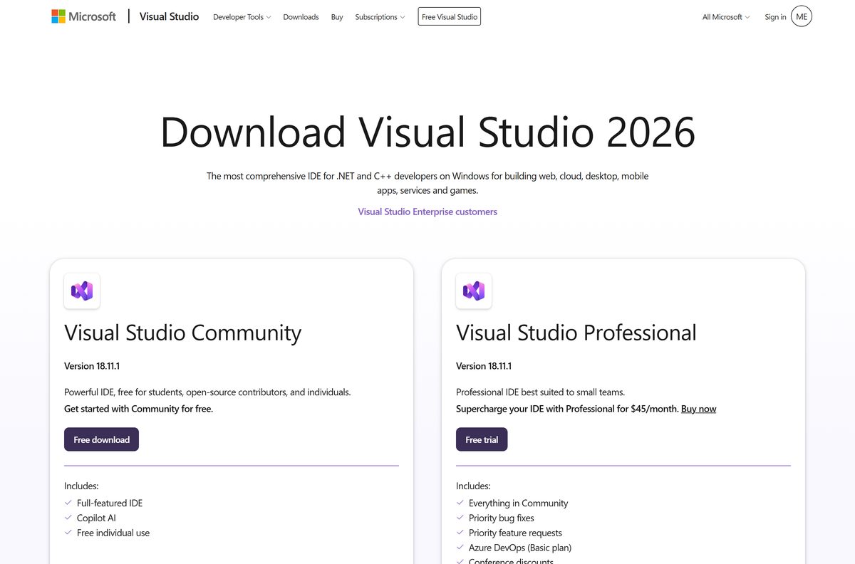 Microsoft downloads page listing the Community, Professional and Enterprise editions