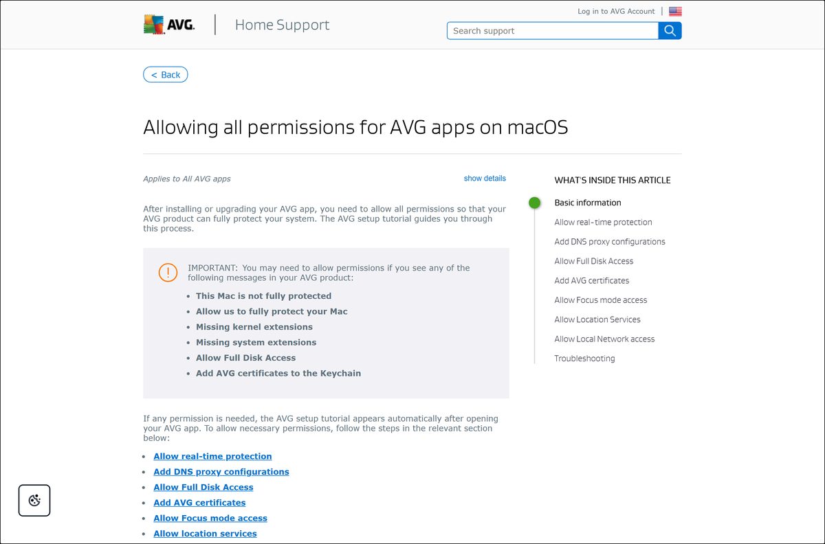 AVG permissions article with the macOS steps for real-time protection
