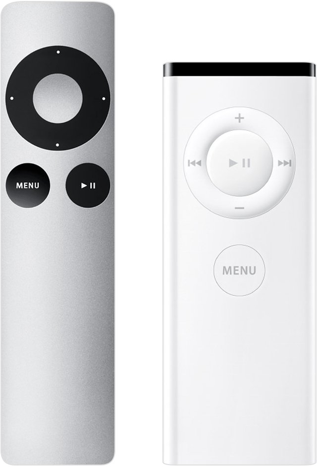 Aluminum and white Apple Remote models side by side