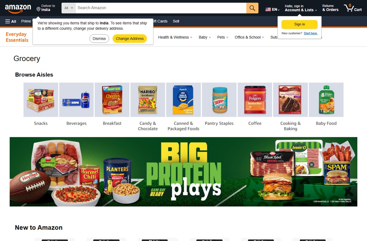 Amazon Everyday Essentials Grocery page with Browse Aisles categories