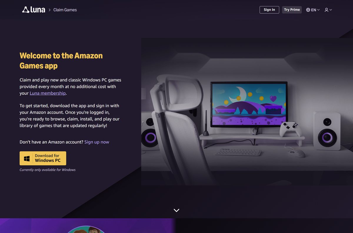 Official Amazon Games app page with the Windows download button