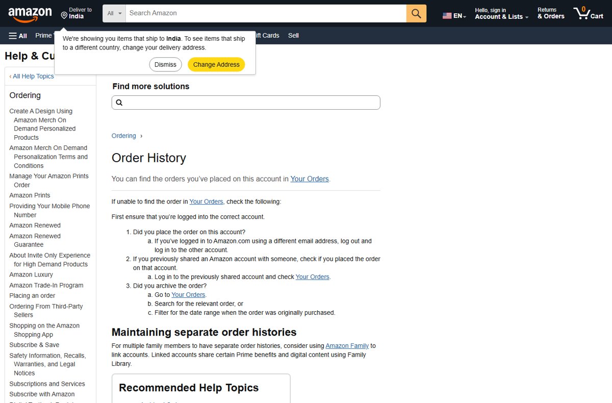 Amazon Help page titled Order History with steps for finding an order
