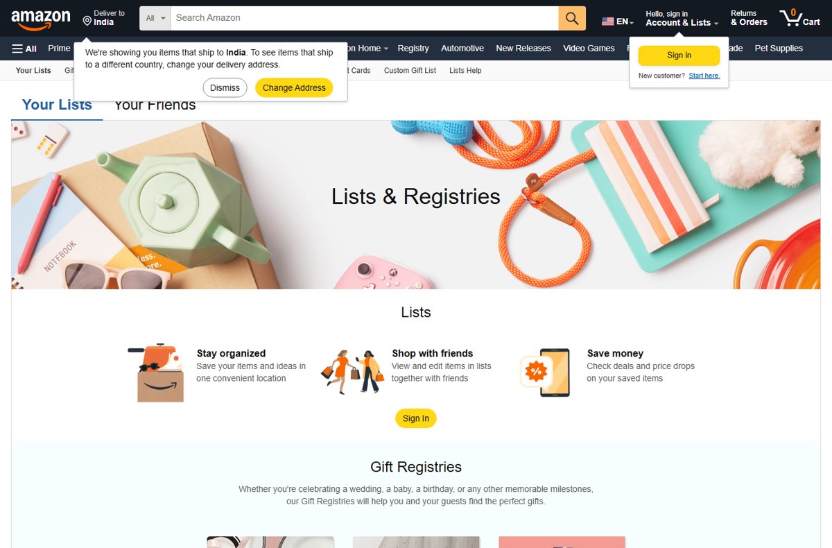 Amazon Lists and Registries page with Your Lists and Your Friends tabs