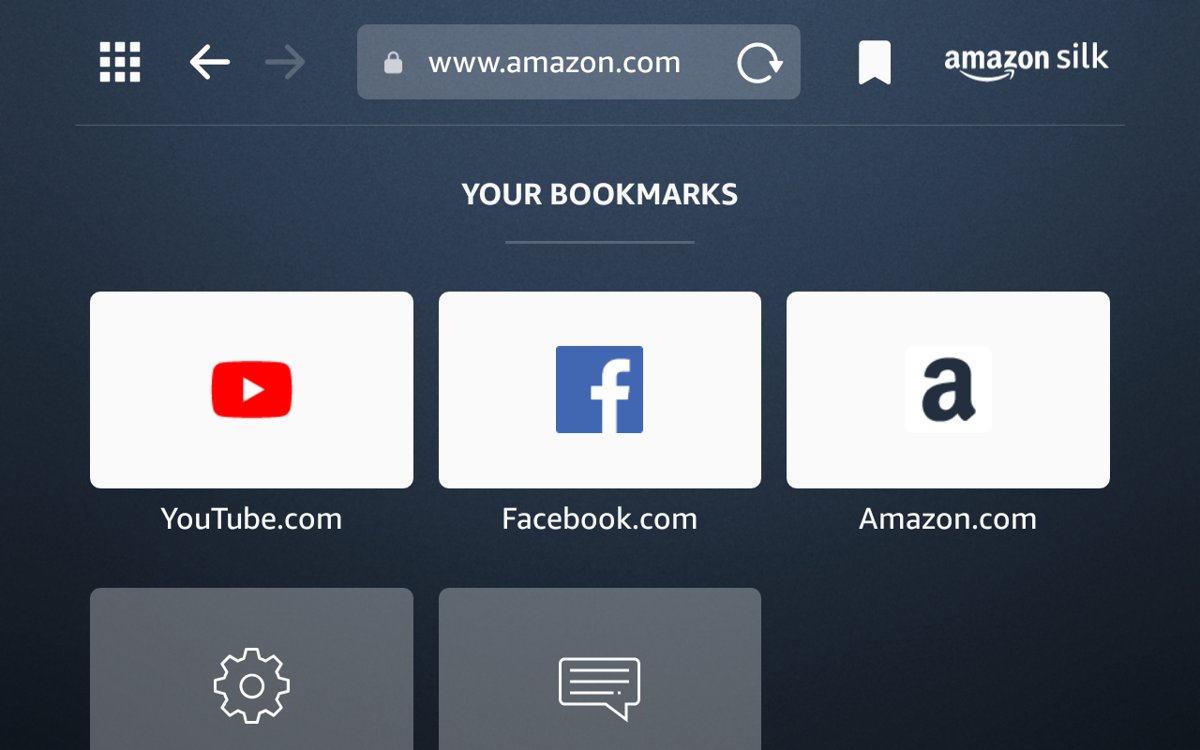 Amazon Silk start page with bookmark tiles for YouTube, Facebook and Amazon