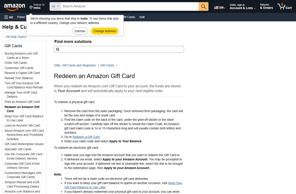 Amazon help page Redeem an Amazon Gift Card with physical and electronic card steps