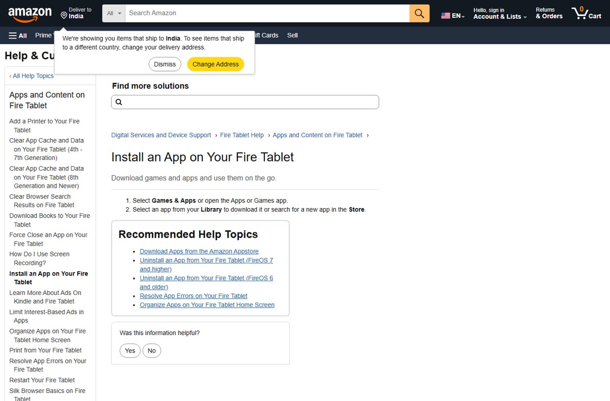 Amazon help page for installing an app on a Fire tablet