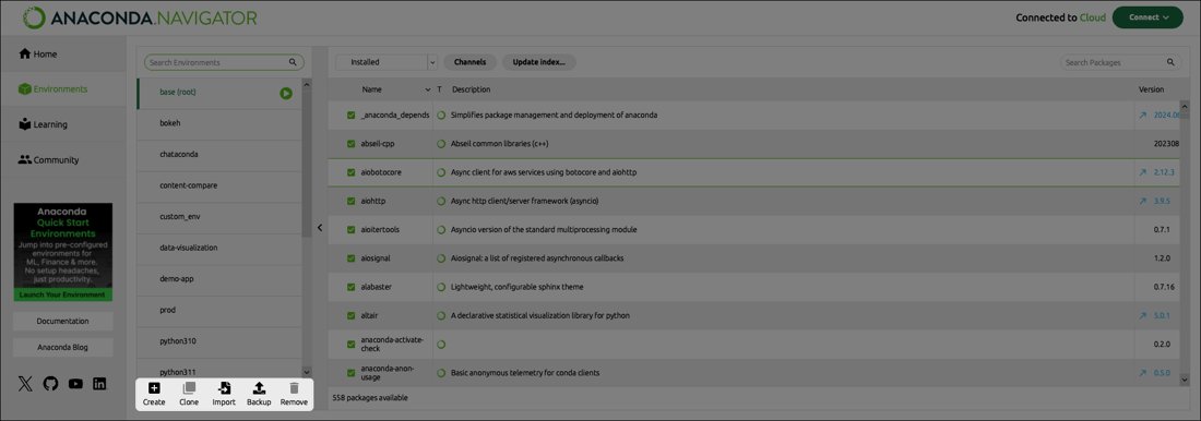 Anaconda Navigator Environments tab with the Remove button below the list