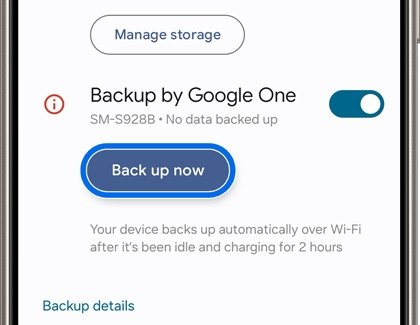 Android Backup by Google One toggle switched on with Back up now button