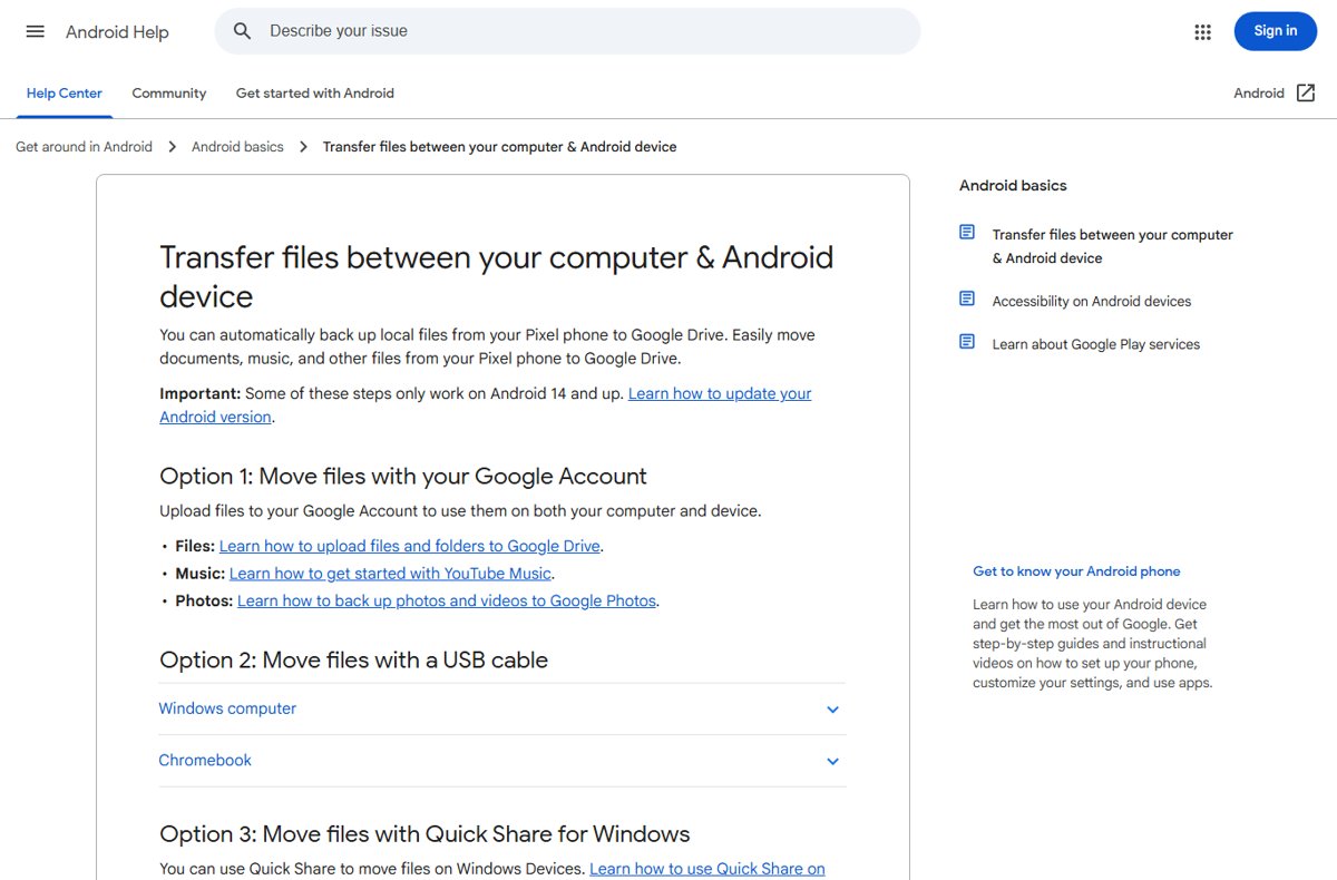 Android Help page on transferring files between a computer and an Android device