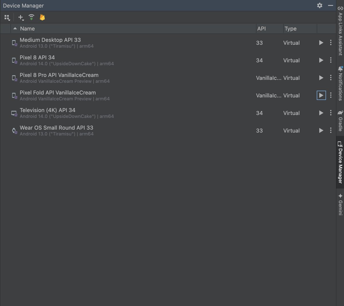 Android Studio Device Manager listing virtual devices with Launch buttons