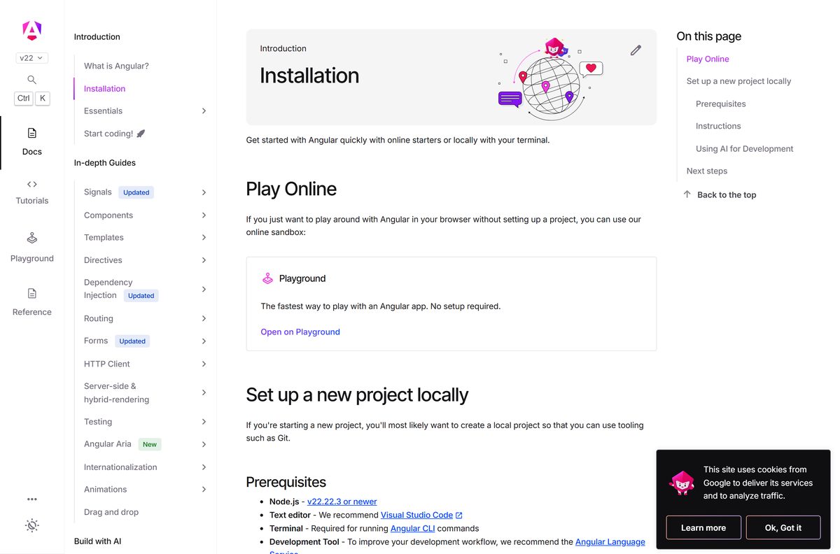 Angular installation guide listing Node.js and editor prerequisites