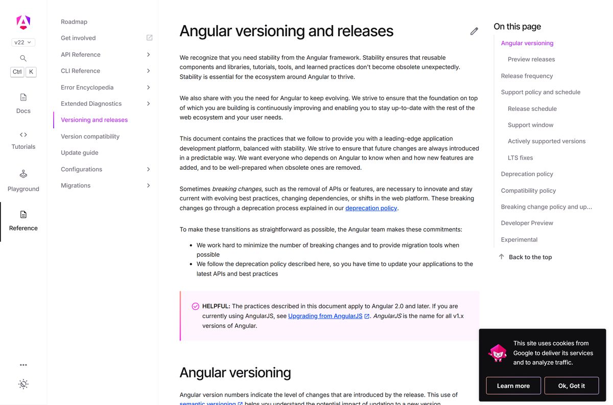 Release schedule showing support dates for each Angular CLI major