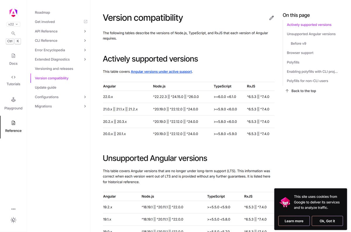 Compatibility table matching Angular CLI releases to Node.js versions