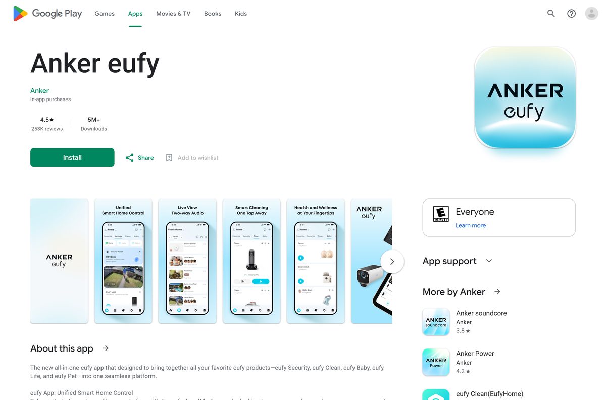 Google Play listing for eufy Security with its download count