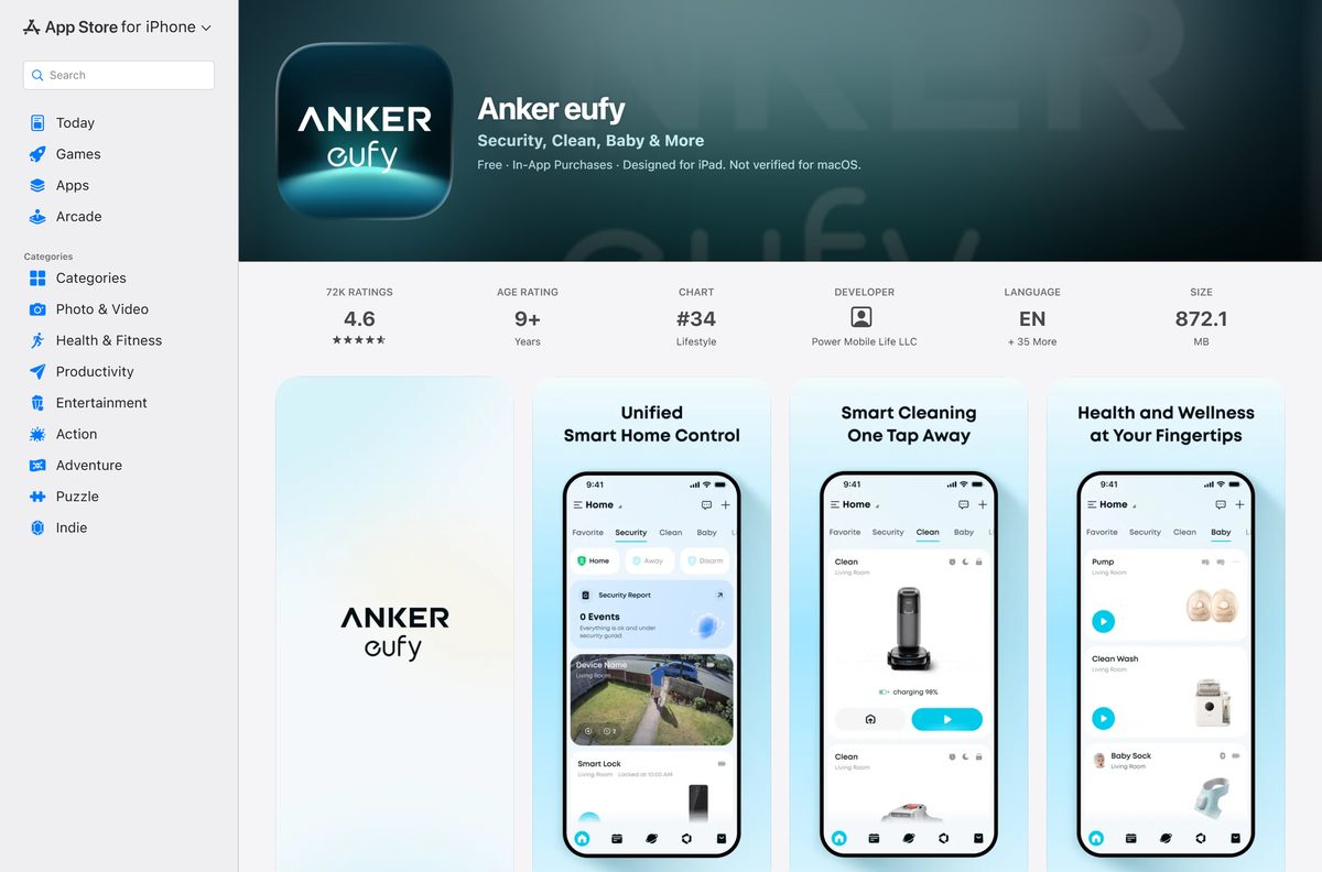 App Store page for the eufy Security app with its rating