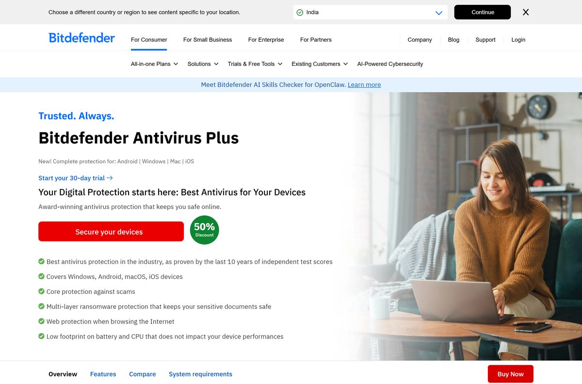 Bitdefender Antivirus Plus page with its one-device and three-device prices