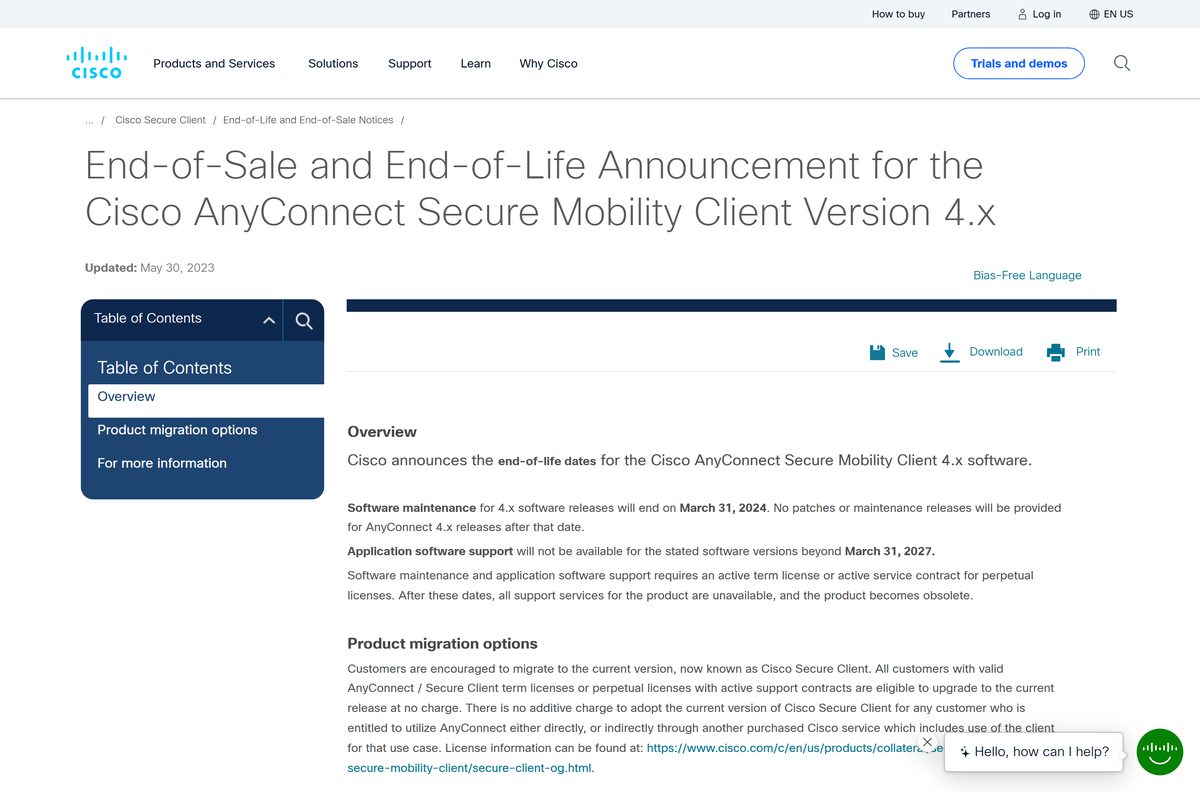 Cisco end-of-life notice for the AnyConnect 4.x client