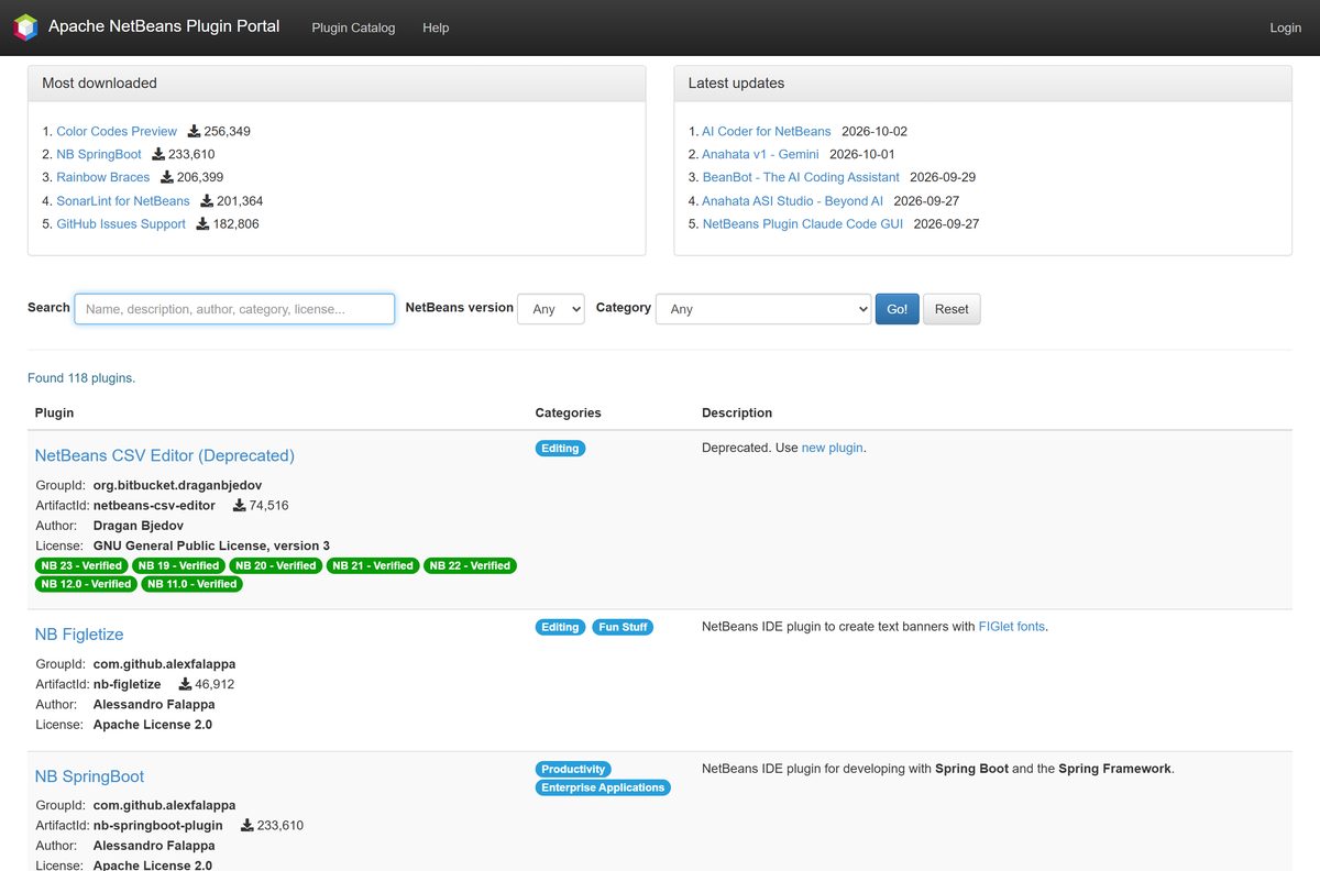 Plugin portal with a version filter and a list of catalogue entries