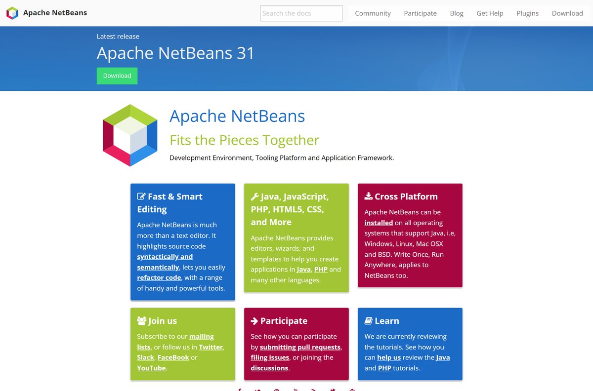 Apache NetBeans homepage stating the project runs on any Java platform