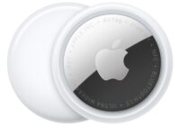 Apple AirTag with its stainless steel back marked Bluetooth LE, NFC and Ultra Wideband